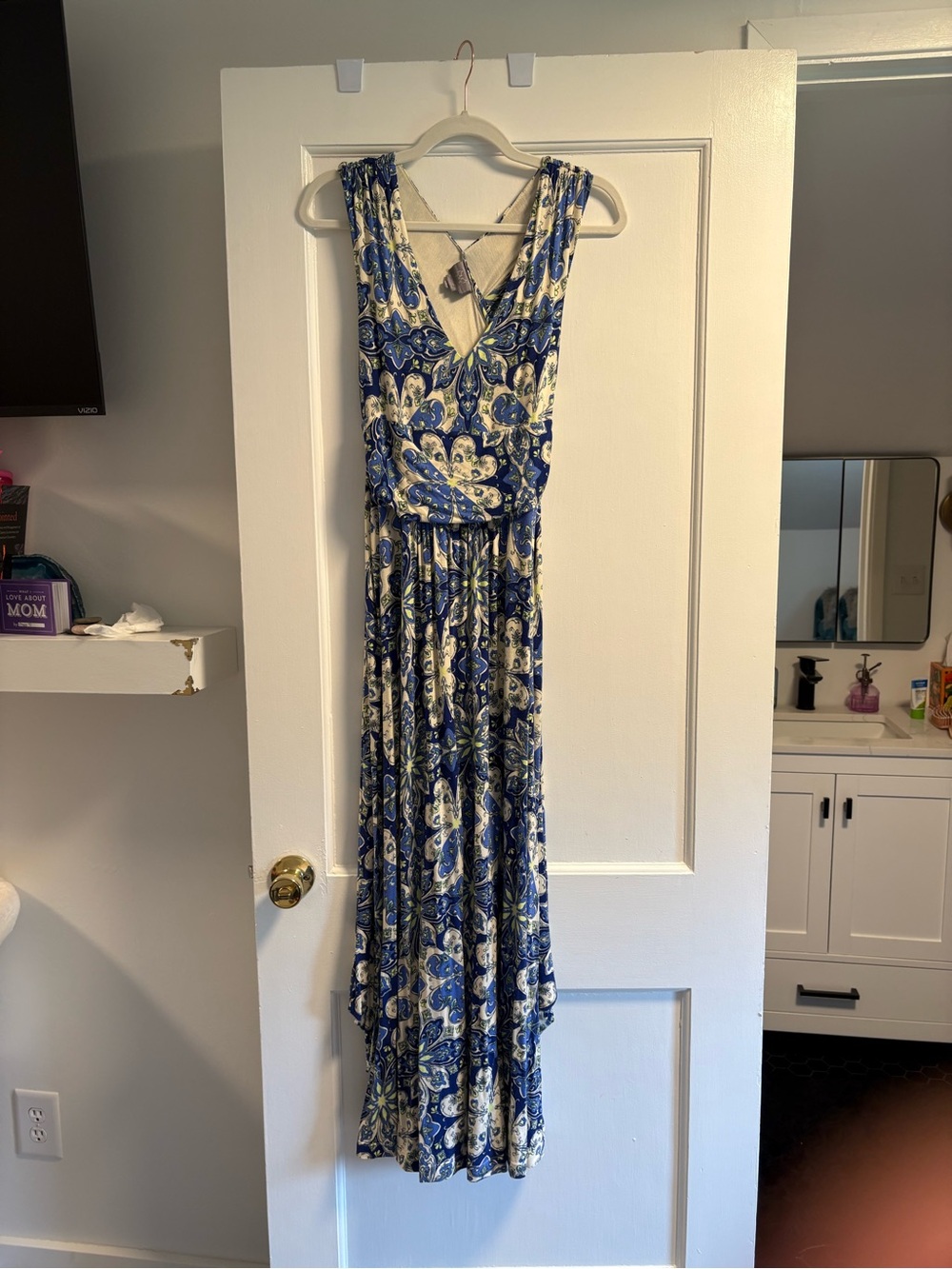 Anthropologie Blue and Cream V-Neck Printed Maxi Dress